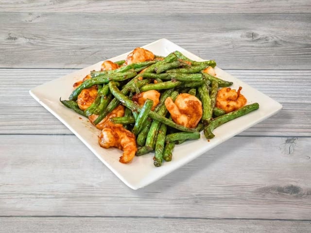 String beans with shrimp (dinner) / 四季豆炒虾（晚）.