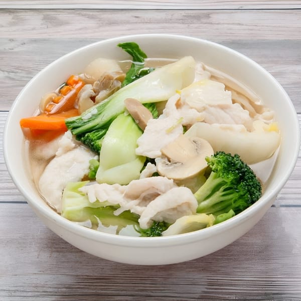Golden China Restaurant's chicken and vegetable soup with broccoli, carrots, mushrooms, and bok choy.